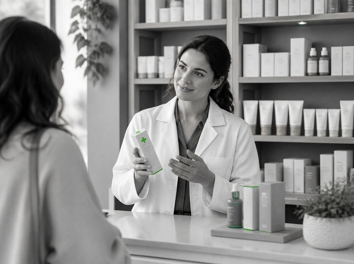 Pharmacist advises a shopper about skincare at the counter