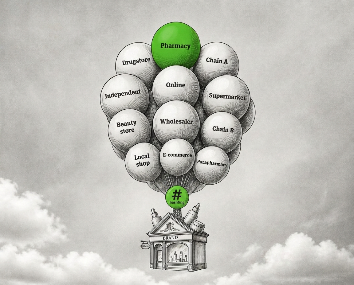 A small house lifted by dozens of balloons, each labeled with a different retailer or pharmacy channel