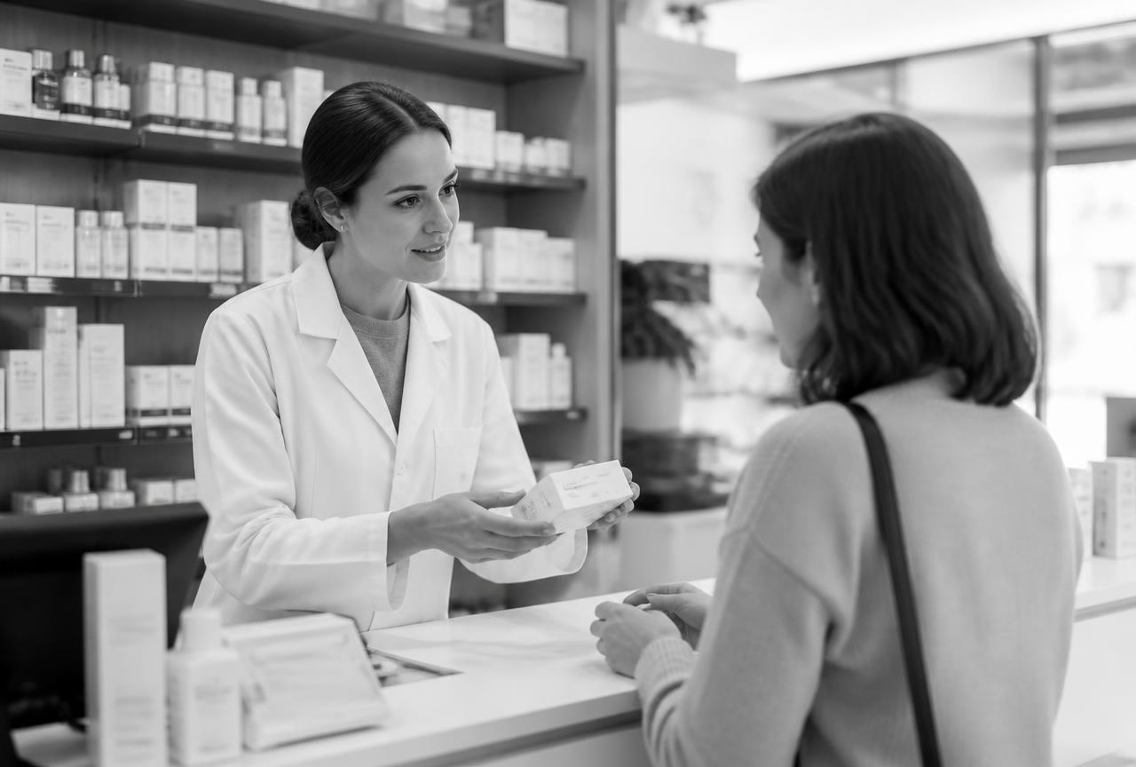 Pharmacist advising a shopper at the counter