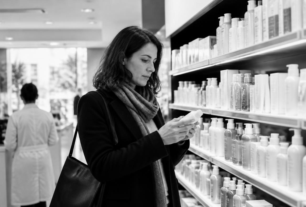 Shopper comparing skincare products on a pharmacy shelf