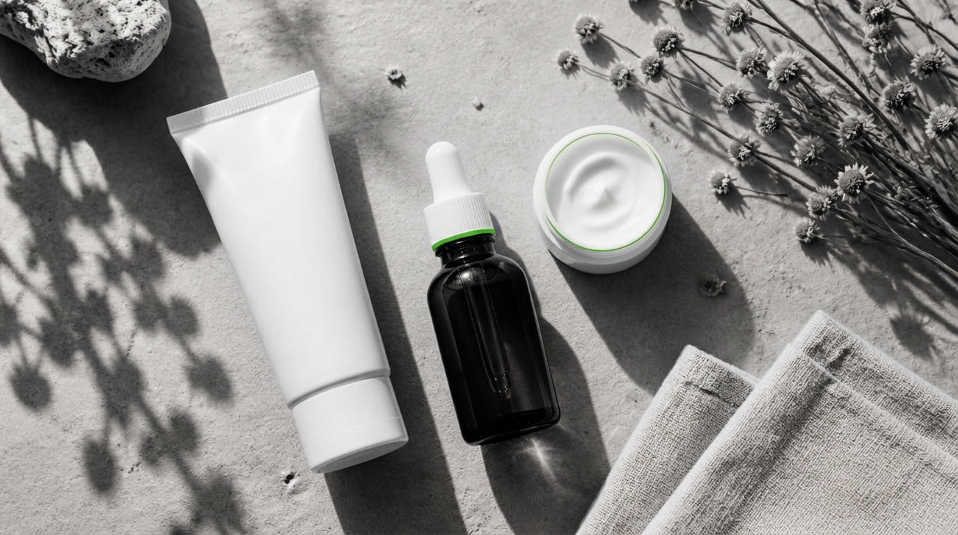 Suncare, serum and skincare on a pharmacy counter